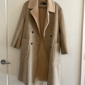 Zara Tan Double-Breasted Coat with Cream Lining